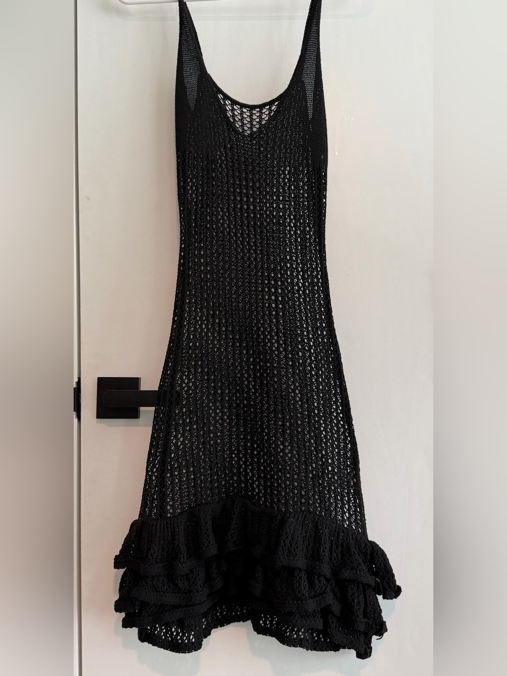 Black Crochet Knit Sleeveless Mini Dress with Ruffle Hem size M